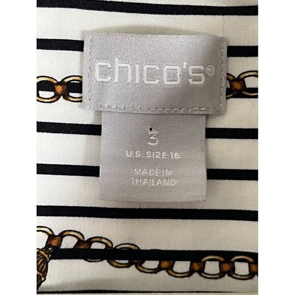 Chicos Striped Top XL White Classic Resort Chain Pattern Preppy Coastal Neutral - Picture 2 of 11